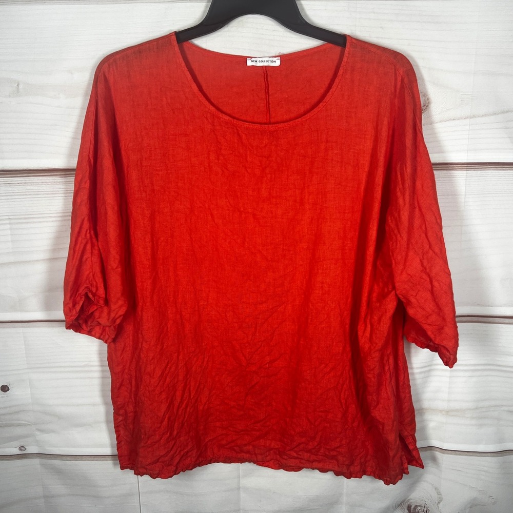 New Collection Linen Blouse Women OS Orange Solid Boxy Dolman Sleeve Top Relaxed